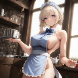 मध्यम बाल, लहराते बाल, इनडोर, निपल्स, R18, साइड उल्लू, महाकाव्य, निप्पल दिख रहा है, नग्न एप्रन